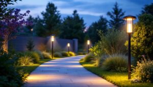 A photograph of a beautifully illuminated outdoor landscape featuring various landscape light fixtures in use