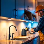 A photograph of a lighting contractor installing over sink under cabinet lighting in a modern kitchen