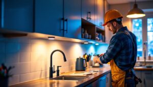 A photograph of a lighting contractor installing over sink under cabinet lighting in a modern kitchen