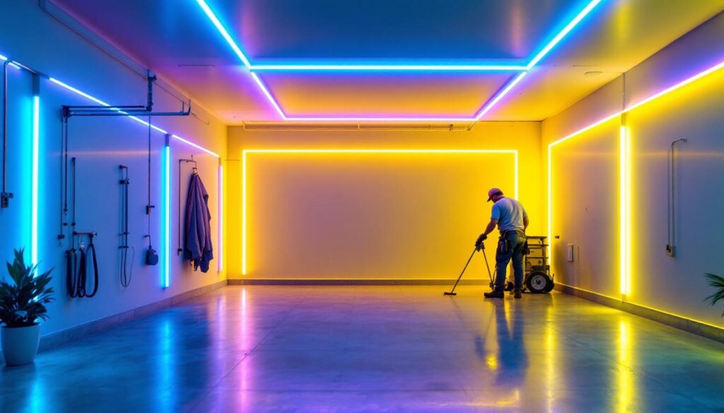 A photograph of a well-lit garage featuring vibrant led stripe lighting along the walls and ceiling