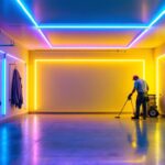 A photograph of a well-lit garage featuring vibrant led stripe lighting along the walls and ceiling