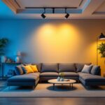 A photograph of a stylishly designed room featuring off-center track lighting that highlights its unique aesthetic