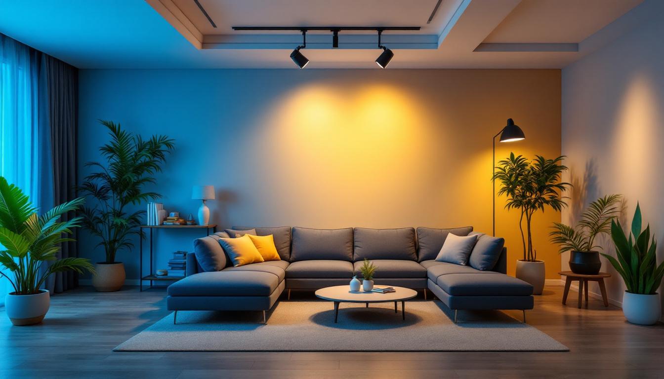 A photograph of a stylishly designed room featuring off-center track lighting that highlights its unique aesthetic