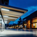 A photograph of a well-lit outdoor area featuring led canopy lights illuminating a commercial space