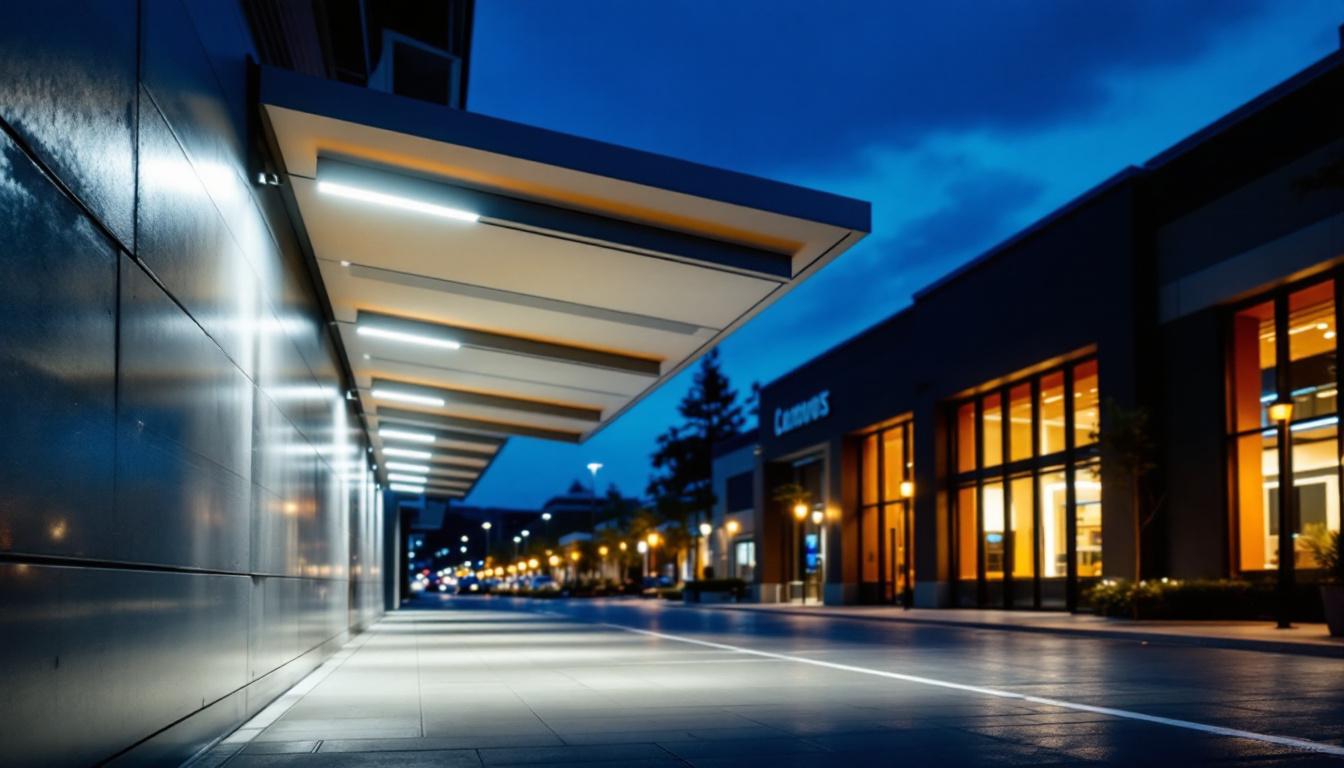 A photograph of a well-lit outdoor area featuring led canopy lights illuminating a commercial space