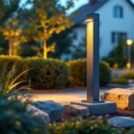 A photograph of a sturdy outdoor light pole base installed in a landscaped area