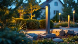 A photograph of a sturdy outdoor light pole base installed in a landscaped area