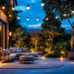 A photograph of a beautifully illuminated outdoor space featuring energy-efficient lights