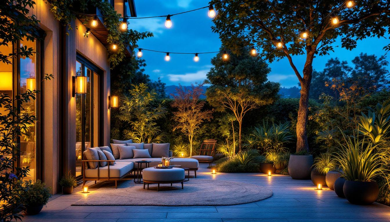 A photograph of a beautifully illuminated outdoor space featuring energy-efficient lights