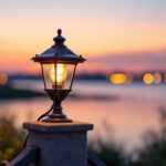 A photograph of a beautifully illuminated pier mount light fixture installed in a scenic outdoor setting at dusk