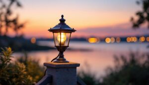 A photograph of a beautifully illuminated pier mount light fixture installed in a scenic outdoor setting at dusk
