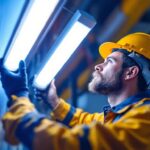 A photograph of a lighting contractor examining a vibrant fluorescent light installation in a commercial space