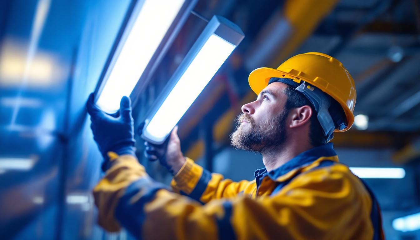 A photograph of a lighting contractor examining a vibrant fluorescent light installation in a commercial space