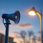 A photograph of a light pole equipped with a bullhorn speaker