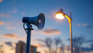 A photograph of a light pole equipped with a bullhorn speaker
