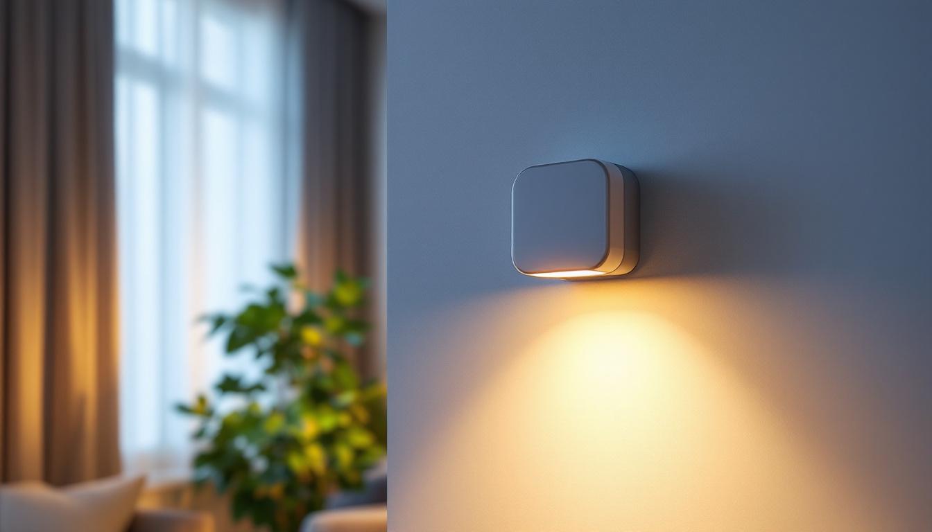 A photograph of a stylish motion detector sconce installed in a modern interior setting