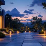 A photograph of a beautifully illuminated flat landscape featuring various styles of landscape lights at dusk