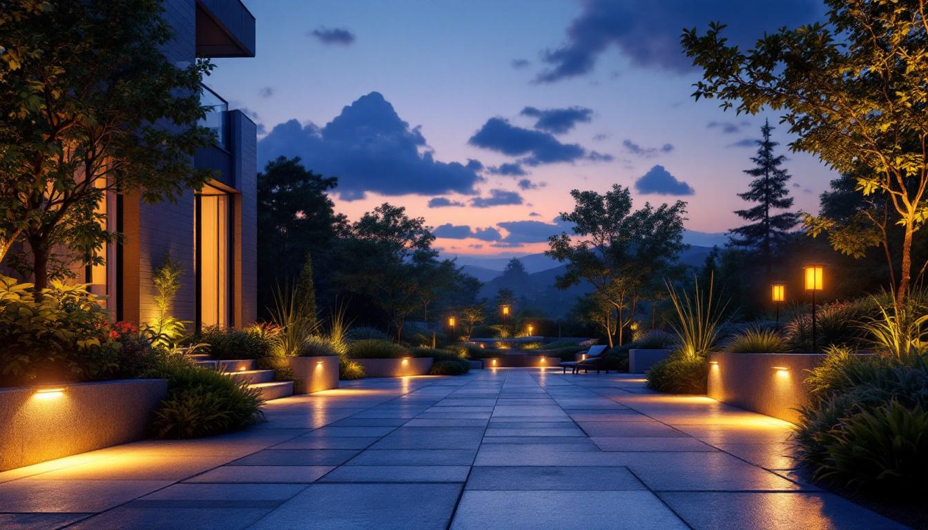 A photograph of a beautifully illuminated flat landscape featuring various styles of landscape lights at dusk