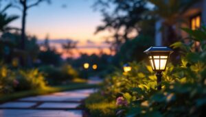 A photograph of a beautifully landscaped outdoor path illuminated by the tommy bahama led solar path light at dusk