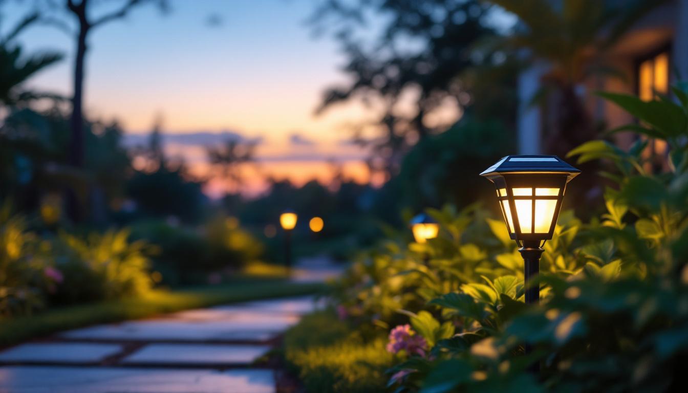 A photograph of a beautifully landscaped outdoor path illuminated by the tommy bahama led solar path light at dusk