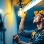 A photograph of a lighting contractor skillfully replacing a fluorescent light fixture with a traditional light bulb fixture in a commercial or residential setting