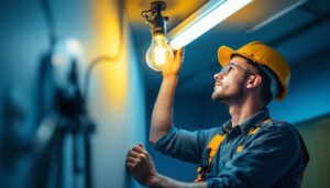 A photograph of a lighting contractor skillfully replacing a fluorescent light fixture with a traditional light bulb fixture in a commercial or residential setting