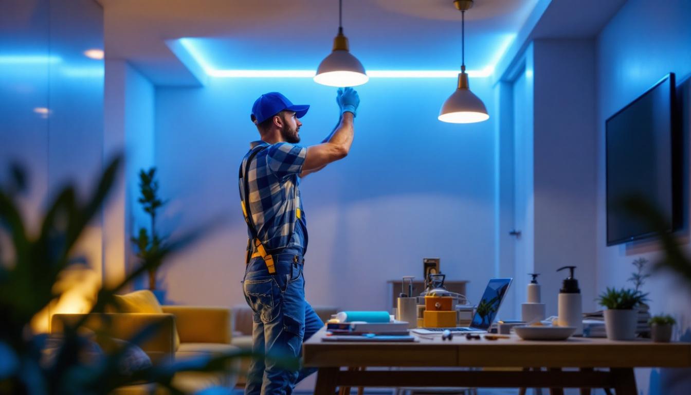 A photograph of a skilled lighting contractor installing stylish led fixtures in a modern home setting
