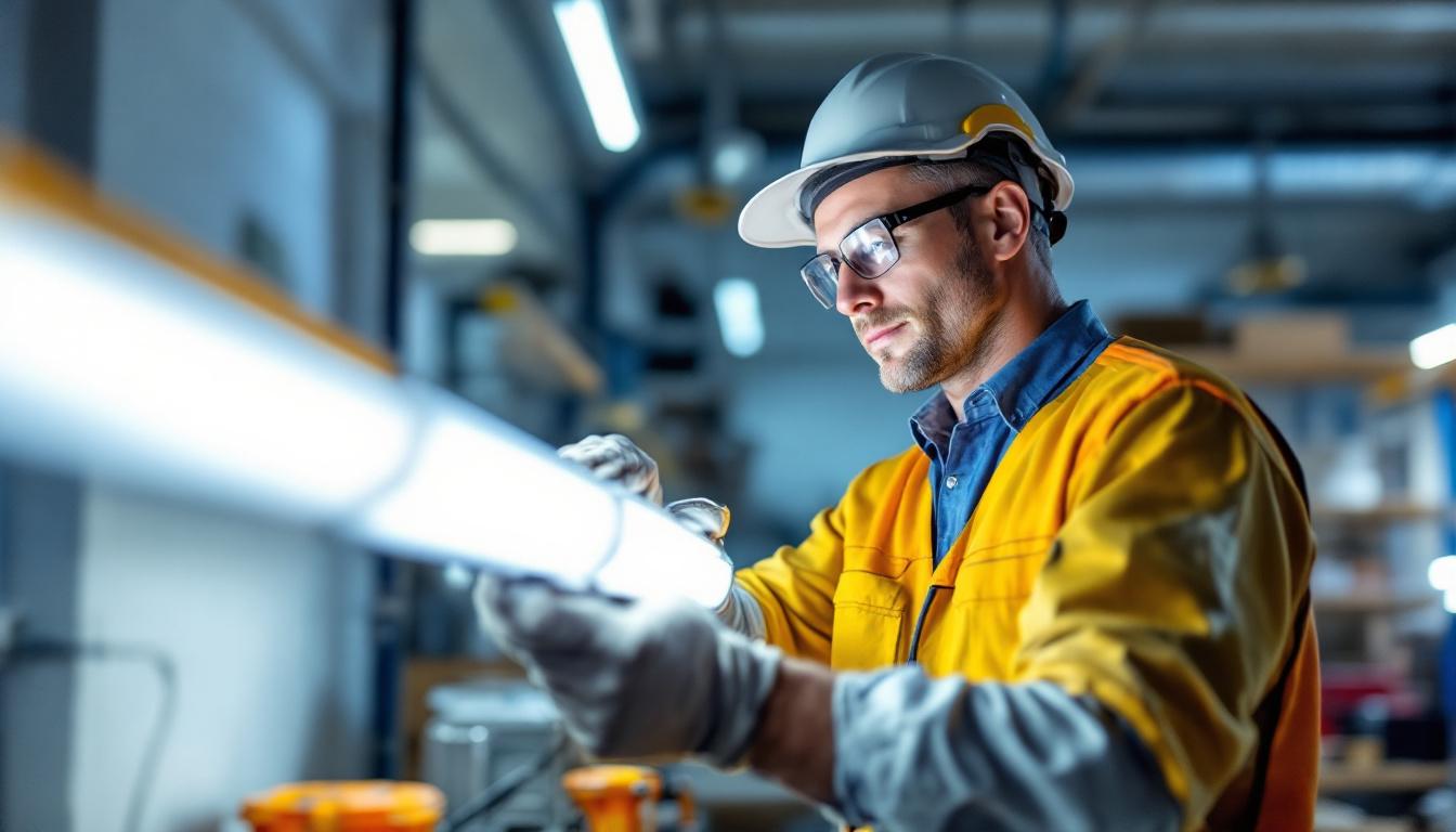 A photograph of a well-lit workspace featuring a lighting contractor installing or examining 8ft t12 fluorescent tubes