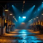 A photograph of a well-lit horse barn interior showcasing various lighting fixtures and their effects