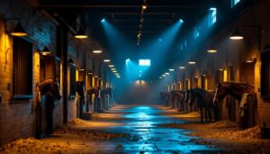 A photograph of a well-lit horse barn interior showcasing various lighting fixtures and their effects
