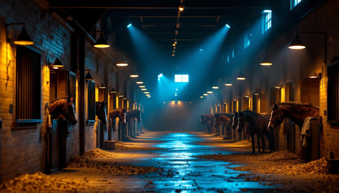 A photograph of a well-lit horse barn interior showcasing various lighting fixtures and their effects