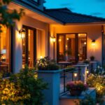 A photograph of a beautifully illuminated balcony at dusk