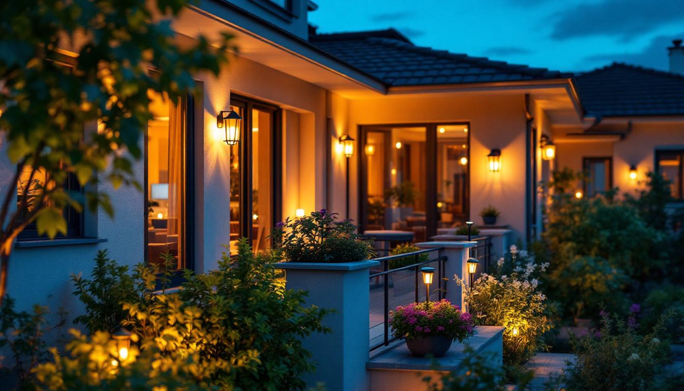 A photograph of a beautifully illuminated balcony at dusk