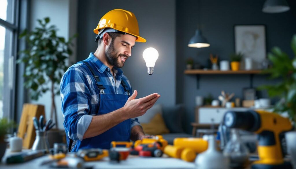 A photograph of a lighting contractor expertly installing a c light bulb in a modern residential setting