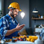 A photograph of a lighting contractor expertly installing a c light bulb in a modern residential setting