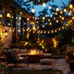 A photograph of a beautifully illuminated outdoor space featuring 12-volt led string lights draped elegantly across a patio or garden