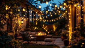 A photograph of a beautifully illuminated outdoor space featuring 12-volt led string lights draped elegantly across a patio or garden