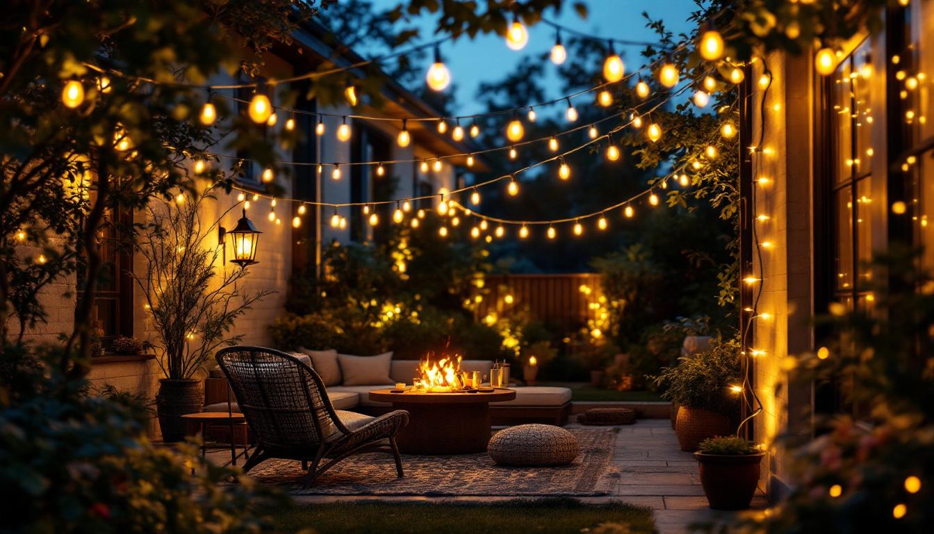 A photograph of a beautifully illuminated outdoor space featuring 12-volt led string lights draped elegantly across a patio or garden