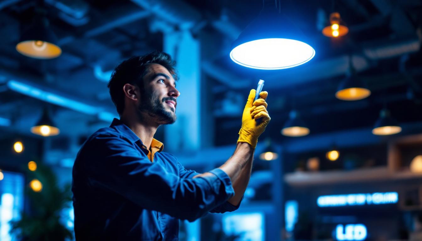 A photograph of a lighting contractor installing or showcasing a vibrant
