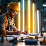 A photograph of a well-lit workspace featuring a lighting contractor examining various energy-efficient long light fixtures