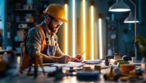 A photograph of a well-lit workspace featuring a lighting contractor examining various energy-efficient long light fixtures