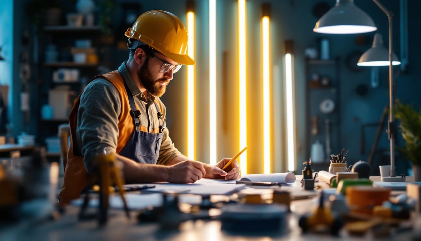 A photograph of a well-lit workspace featuring a lighting contractor examining various energy-efficient long light fixtures