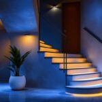 A photograph of a well-lit basement stairwell featuring stylish and functional lighting fixtures