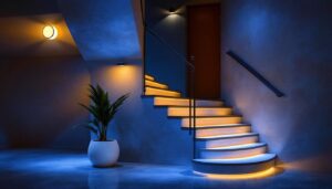 A photograph of a well-lit basement stairwell featuring stylish and functional lighting fixtures