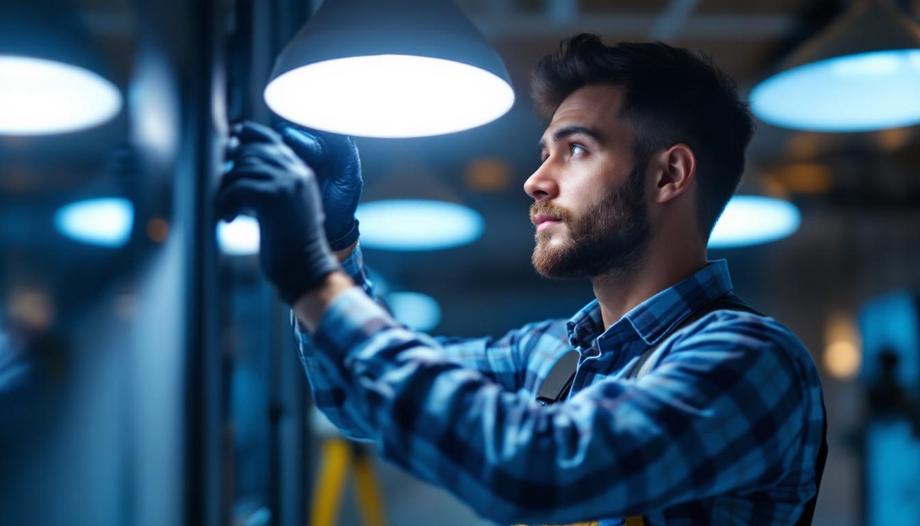 A photograph of a skilled lighting contractor expertly installing or adjusting a modern lighting fixture in a well-lit space