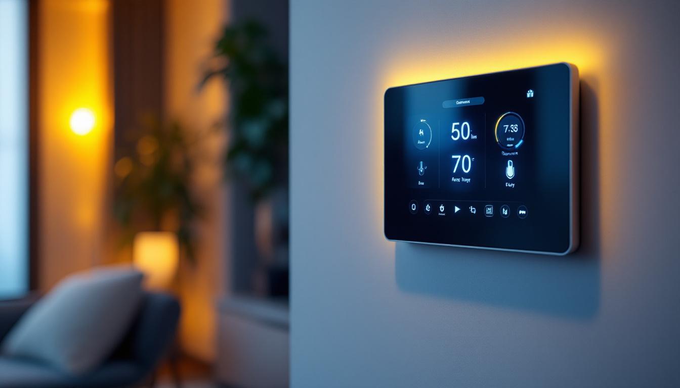 A photograph of a modern automated lighting control panel in a stylish residential setting