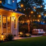 A photograph of a beautifully illuminated backyard scene at dusk