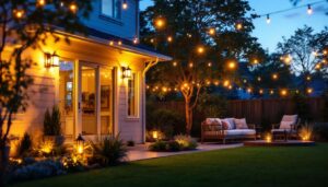A photograph of a beautifully illuminated backyard scene at dusk