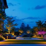 A photograph of a beautifully illuminated outdoor space featuring a variety of exterior landscape lights that enhance the natural surroundings