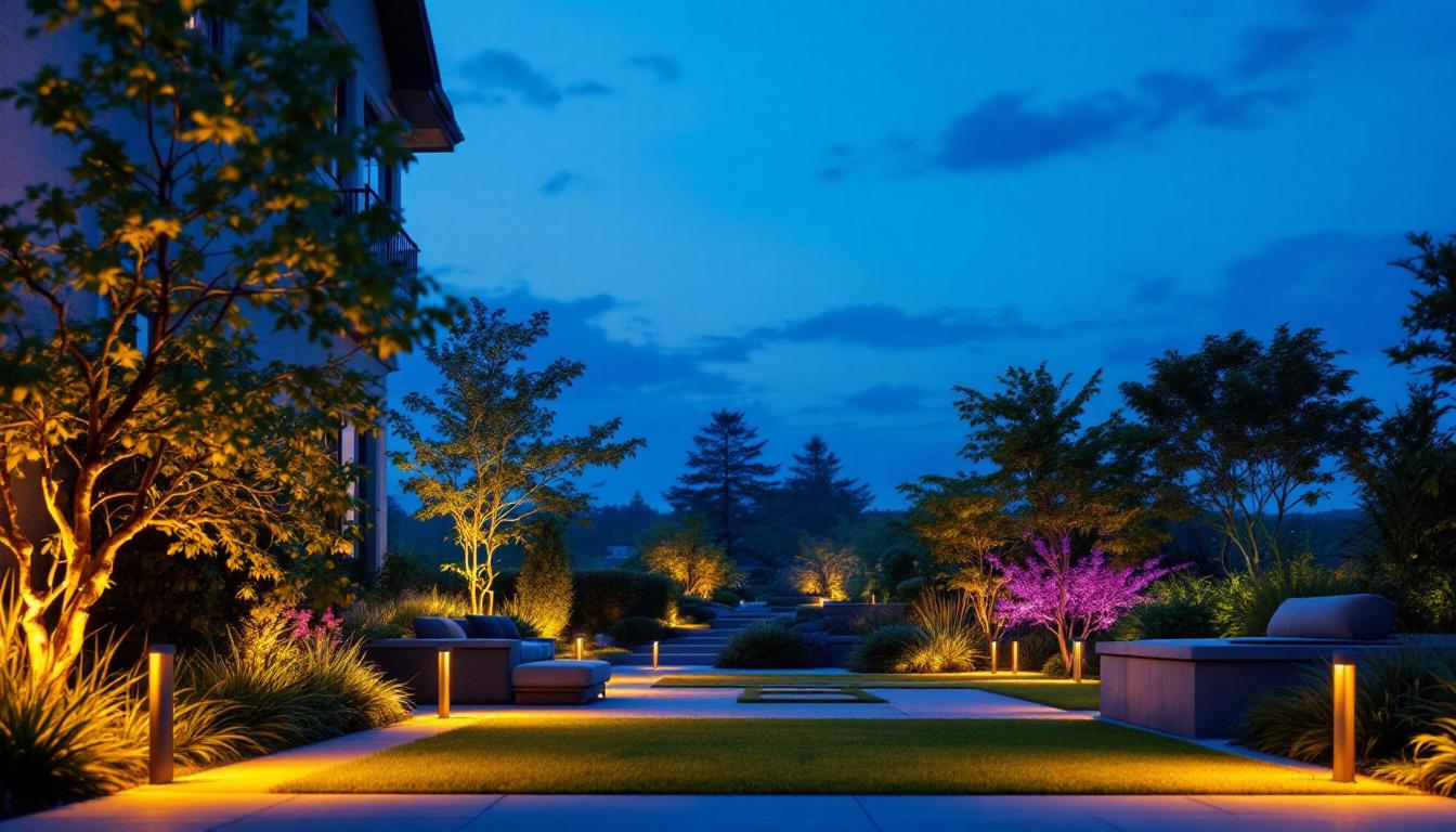 A photograph of a beautifully illuminated outdoor space featuring a variety of exterior landscape lights that enhance the natural surroundings